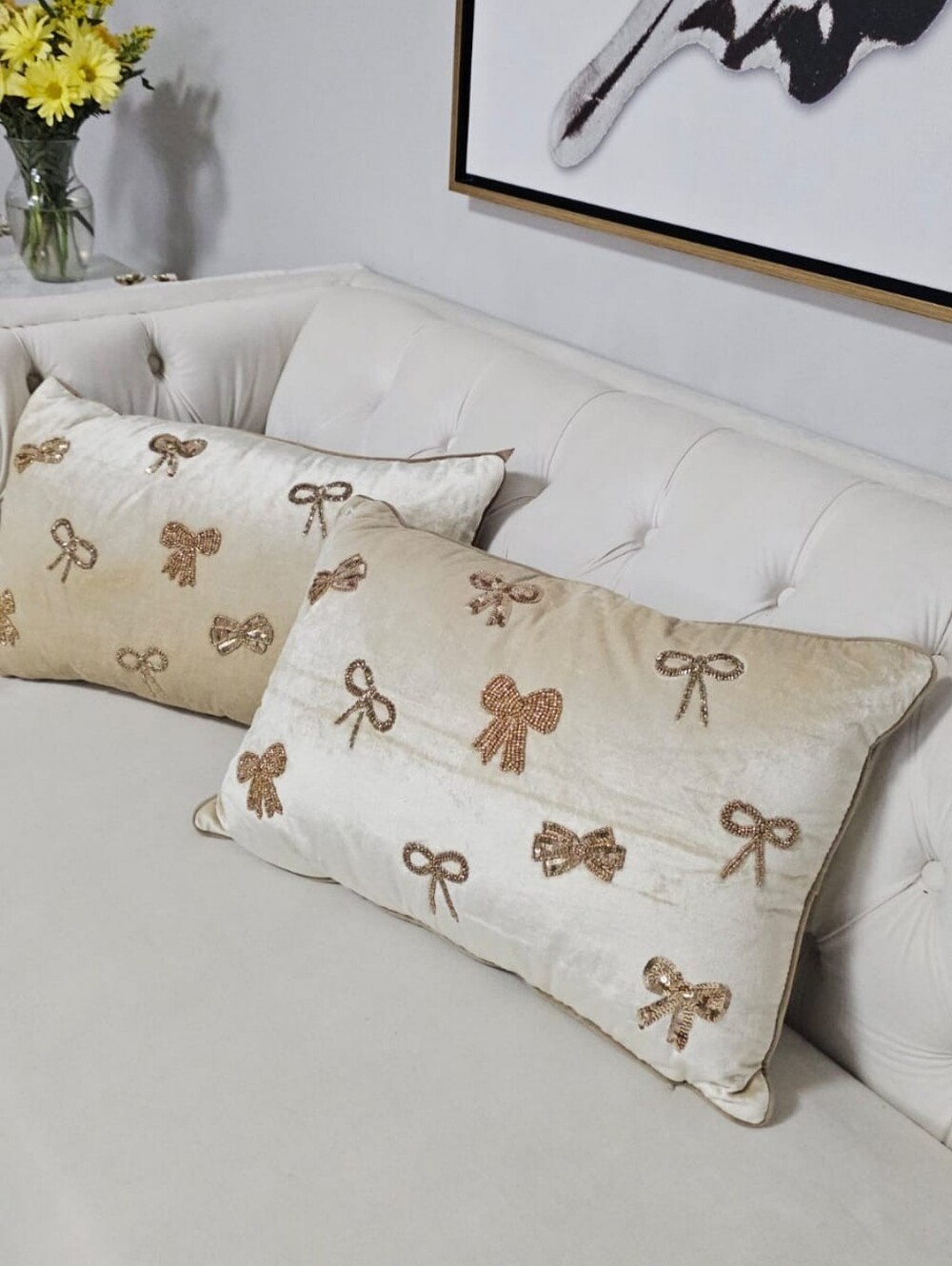 Elegant Cream Velvet Throw Pillow with Gold Sequin Bows